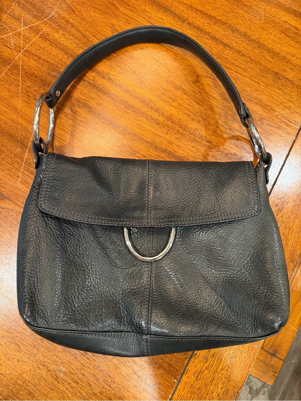 Alfani Black Leather Shoulder Bag with Silver Ring Hardware